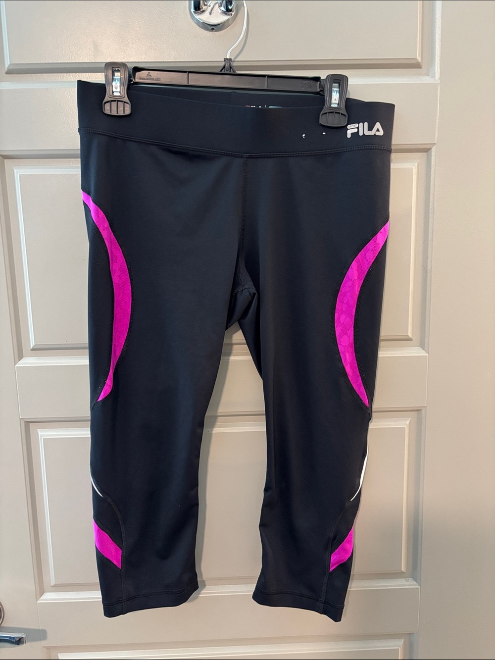 FILA Black Capri Leggings with Bright Pink Panels